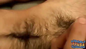 Skinny hairy straight thug rubs his small cock and cums